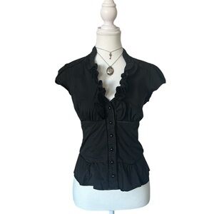 “2b Bebe” Black Ruffle Button-up Short Sleeve Blouse Top